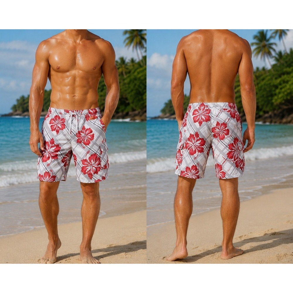 Graphite Men's Hawaiian Board Shorts XL Red Floral‎ Plaid Swim Trunks Beach